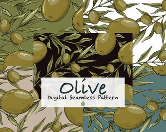 Olive Branch Seamless Pattern, Green Botanical Digital Paper (JPG Files)