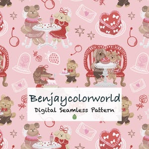 May include: A pink digital seamless pattern featuring cartoon dogs at tables with cakes and drinks. The design includes heart-shaped cakes, strawberries, and stars. The text "Benjaycolorworld" and "Digital Seamless Pattern" are also present.