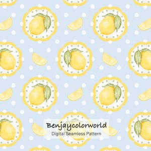 Akvarell citron sömlöst mönster, pastellblå prickiga digitalt papper (digital nedladdning)