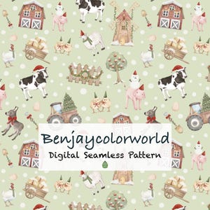 May include: A digital seamless pattern featuring a whimsical farm scene with cows, pigs, and barns, all adorned with festive holiday hats and decorations. The design includes a tractor with a Christmas tree, a windmill, and a light green background with white dots.