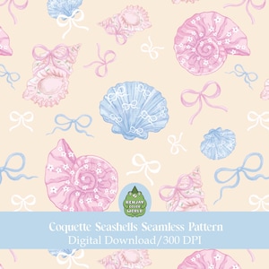 Op de afbeelding: Een naadloos patroon met aquarel illustraties van roze en blauwe schelpen, versierd met strikken, op een crèmekleurige achtergrond. De tekst "Coquette Seashells Seamless Pattern" is zichtbaar.