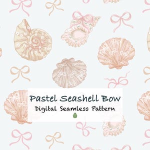 Op de afbeelding: Een digitaal naadloos patroon met aquarel schelpen in perzik- en crèmetinten, versierd met strikken. De tekst "Pastel Seashell Bow" en "Digital Seamless Pattern" wordt weergegeven op een witte rechthoek.