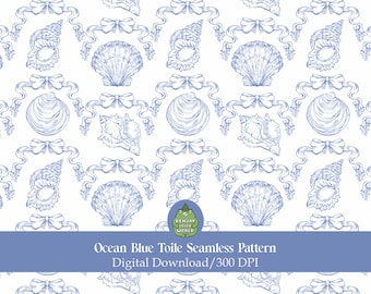 Ocean Blue Toile Seamless Pattern: Vintage Coastal Digital Paper (PNG, JPG Download)