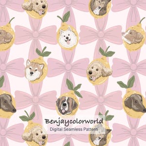May include: A seamless digital pattern featuring various dog breeds illustrated inside yellow lemons with green leaves, set against a light pink background with repeating pink bows. The text Benjaycolorworld Digital Seamless Pattern is visible.