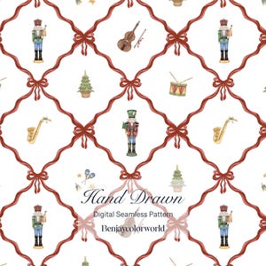 May include: A seamless digital pattern on a white background featuring a red ribbon lattice grid with bows at each intersection. The pattern includes watercolor illustrations of nutcrackers, violins, drums, saxophones, and Christmas trees.