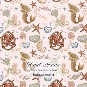 Op de afbeelding: Een naadloos digitaal patroon op een lichtroze achtergrond met handgetekende illustraties van zeemeerminnen, octopussen in ovale kaders, zeepaardjes, zeesterren, schelpen en parels. De tekst luidt Hand Drawn Digital Seamless Pattern Benjaycolorworld.