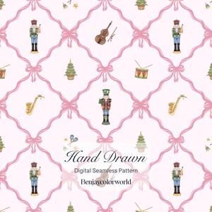 May include: A digital seamless pattern featuring a light pink background with a repeating lattice of pink ribbons and bows. The design includes watercolor illustrations of nutcrackers, violins, drums, saxophones, and small Christmas trees.