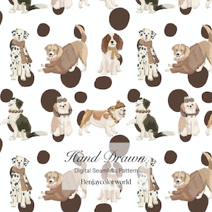 Puede incluir: Un patrón digital sin costuras sobre fondo blanco que presenta varias razas de perros con suéteres, bufandas y sombreros, intercalados con puntos circulares de color marrón oscuro. El texto Hand Drawn Digital Seamless Pattern Benjaycolorworld es visible.