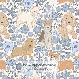 Vintage Dog Floral Seamless Pattern, Cottagecore Puppy Fabric (PNG JPG Digital Files)