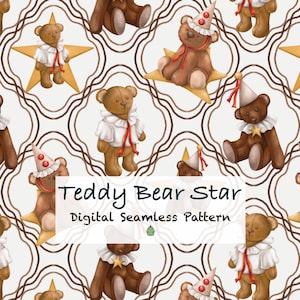 May include: A repeating pattern featuring brown teddy bears wearing party hats and white shirts with red ribbons. The bears are on gold stars, with the text "Teddy Bear Star" and "Digital Seamless Pattern" in the center.
