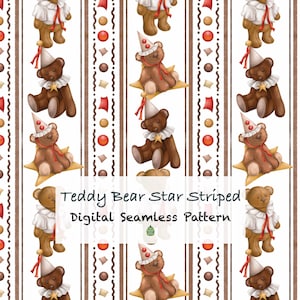 May include: Digital seamless pattern featuring brown teddy bears wearing party hats and star-shaped bases. The bears are interspersed with vertical striped borders with decorative elements. The text "Teddy Bear Star Striped Digital Seamless Pattern" is visible.