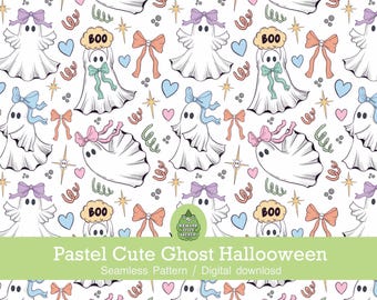 Padrão sem costura de fantasmas fofos em tons pastel para o Halloween, padrão sem costura, PNG de Halloween, download digital, padrão digital para sublimação e artesanato.