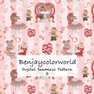 May include: Digital seamless pattern featuring cartoon dogs and teddy bears in a pink and white color scheme. The design includes hearts, stars, and tables with cakes. Text reads "Benjaycolorworld Digital Seamless Pattern."