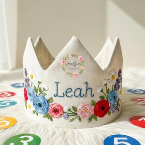 Custom Name Party Crown with Rose Flower Hand Embroidered Birthday Personalized Linen Crown for First Birthdays Handmade Birthday Crown Gift
