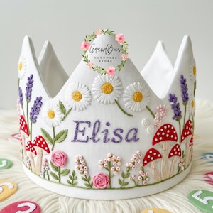 Custom Name Party Crown with Mushroom and Wildflower Hand Embroidered Birthday Personalized Linen Crown for Birthdays Handmade Crown Gifts