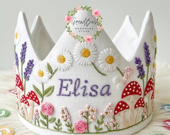 Custom Name Party Crown with Mushroom and Wildflower Hand Embroidered Birthday Personalized Linen Crown for Birthdays Handmade Crown Gifts
