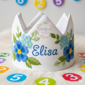 Custom Name Party Crown with Wildflower Hand Embroidered Birthday Personalized Linen Crown for First Birthdays Handmade Birthday Crown Gifts