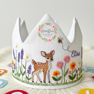 Custom Name Party Crown with Deer and Wildflower Hand Embroidered Birthday Personalized Linen Crown for Birthdays Handmade Crown Gifts