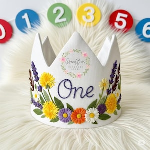 Custom Name Party Crown with Wildflower Hand Embroidered Birthday Personalized Linen Crown for First Birthdays Handmade Birthday Crown Gifts