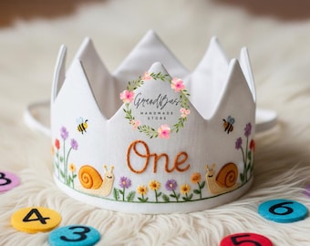 Custom Name Party Crown with Snail and Wildflower Hand Embroidered Birthday Personalized Linen Crown for Birthdays Handmade Crown Gifts