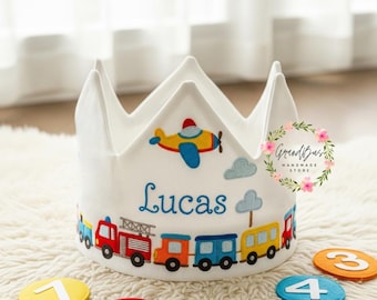 Custom Name Party Crown with Plane and Truck Transportation Hand Embroidered Birthday Personalized Linen Crown for Handmade Crown Gifts