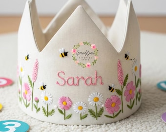 Custom Name Party Crown with Bee and Daisy Flower Hand Embroidered Birthday Personalized Linen Crown for First Birthday Handmade Crown Gift