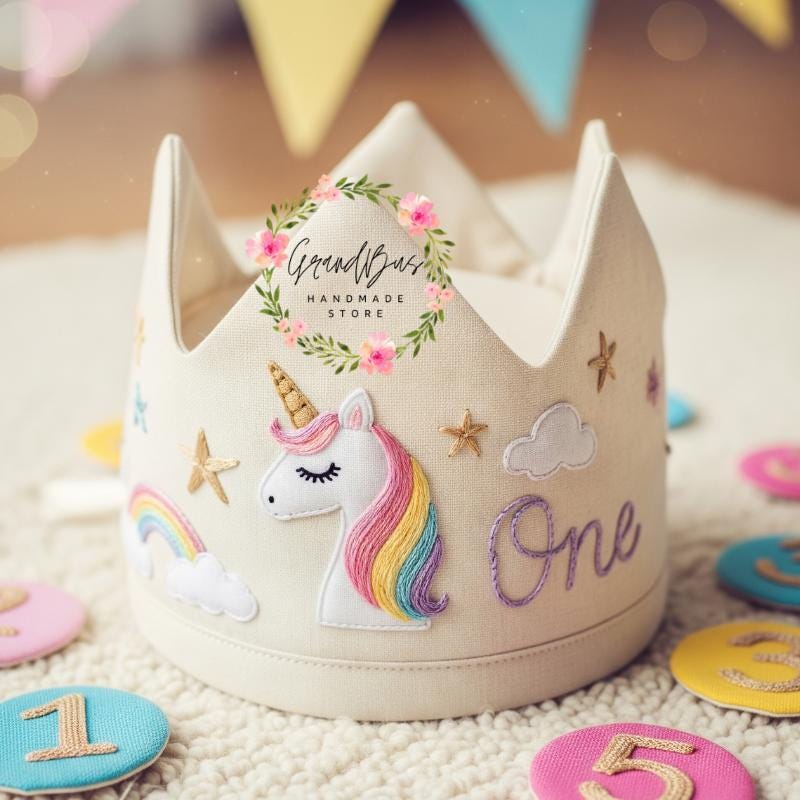 Custom Name Party Crown with Unicorn and Rainbow Hand Embroidered Birthday Personalized Linen Crown for Birthdays Handmade Crown Gifts