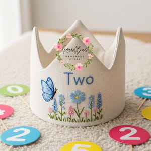 Custom Name Party Crown with Butterfly and Wildflower Hand Embroidered Birthday Personalized Linen Crown for Birthdays Handmade Crown Gifts