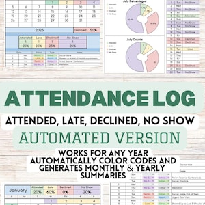 Könnte beinhalten: Ein Anwesenheitsprotokoll mit dem Titel "ATTENDANCE LOG" und dem Text "ATTENDED, LATE, DECLINED, NO SHOW". Es enthält Diagramme, Tabellen und den Text "AUTOMATED VERSION".