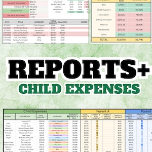 May include: A digital expense tracking spreadsheet titled REPORTS+ CHILD EXPENSES. The document includes tables for Parent A payments by category, monthly expense summaries, and a detailed child expenses log with columns for company, description, total amount, category, and payment status.