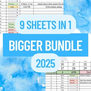 May include: A digital planner bundle for 2025, featuring nine sheets in one. The design includes a light blue watercolor background with text in a bold, sans-serif font. The planner includes sections for scheduling and notes.