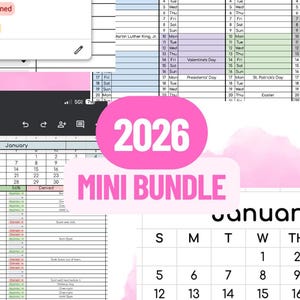 May include: A digital planner bundle for 2026, featuring calendar layouts and scheduling tools. The image displays various calendar views, including monthly and weekly formats, with options for tracking appointments and deadlines. The color scheme is primarily white and pink.