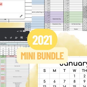 May include: Digital calendar bundle with 2021 highlighted in yellow. The image shows various calendar views, including monthly and weekly layouts, with options for marking dates as "Allowed" or "Denied."