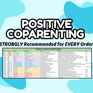 May include: A teal and white graphic with the words "POSITIVE COPARENTING" in bold, black letters. Below, the text "STRONGLY Recommended for EVERY Order!" is displayed. A table lists coparenting examples.