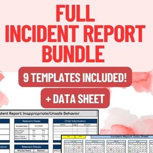 May include: A collection of incident report templates, featuring the text "FULL INCIDENT REPORT BUNDLE" in red. The image highlights 9 templates and a data sheet, designed for recording details of inappropriate or unsafe behavior.