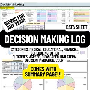 May include: A decision-making log data sheet with categories like medical, educational, and financial. Outcomes include agreed, disagreed, and court decisions. The sheet includes a summary page and is designed to work for a year.