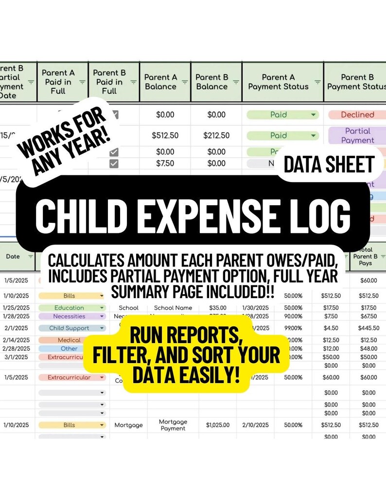 Data Sheet Version: Child Expense Log - Etsy