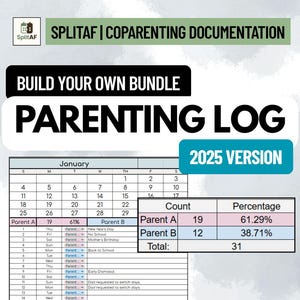May include: A SplitAF coparenting documentation parenting log for 2025. The document features a January calendar, a daily tracking table for Parent A and Parent B, and a summary table showing counts and percentages for each parent's time.