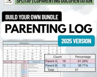 May include: A SplitAF coparenting documentation parenting log for 2025. The document features a January calendar, a daily tracking table for Parent A and Parent B, and a summary table showing counts and percentages for each parent's time.