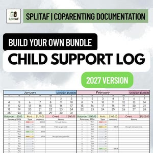 Può includere: Un documento digitale intitolato SplitAF Coparenting Documentation Child Support Log 2027 Version. Presenta due griglie di calendario mensile per gennaio e febbraio 2026, con colonne per data, tipo di pagamento, importo e note per le spese.