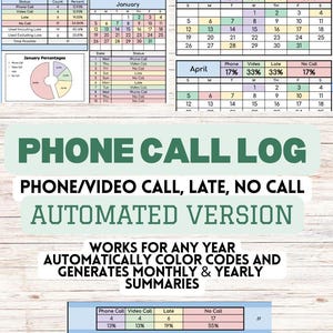 May include: A detailed phone call log with sections for January and April, including summaries, percentages, and a calendar. The log tracks phone calls, video calls, late calls, and no calls, with automated color coding and yearly summaries.