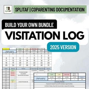 May include: A SplitAF coparenting documentation visitation log for 2025. The document features a calendar for January, a detailed tracking table for dates, statuses, notes, and times, and a summary section with percentage statistics for visitation.