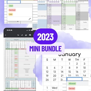 Op de afbeelding: Een digitale plannerbundel met een kalender voor 2023, met maandelijkse en wekelijkse weergaven. De afbeelding toont een mobiele telefoon en een computerscherm met kalenderindelingen en een pop-upmenu met opties.