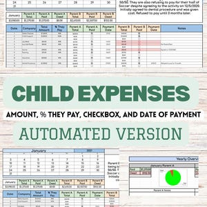 May include: A detailed spreadsheet titled "Child Expenses" with sections for January 2021, including amounts, payment dates, and notes. The document is designed for automated tracking of expenses, with a pie chart for yearly overview.