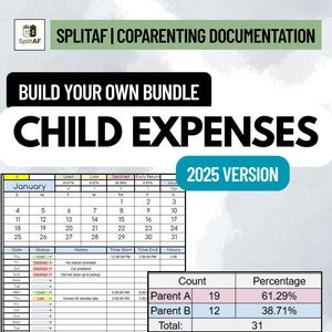 May include: A digital document titled SplitAF Coparenting Documentation Build Your Own Bundle Child Expenses 2025 Version. It features a January calendar, a tracking table for dates, status, notes, and times, and a summary table showing Parent A and B counts.