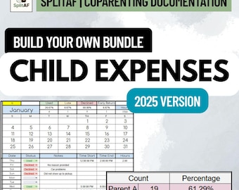 May include: A digital document titled SplitAF Coparenting Documentation Build Your Own Bundle Child Expenses 2025 Version. It features a January calendar, a tracking table for dates, status, notes, and times, and a summary table showing Parent A and B counts.