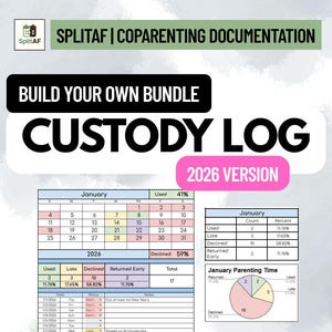 May include: A digital document titled SplitAF Coparenting Documentation Build Your Own Bundle Custody Log 2026 Version. It features a January 2026 calendar, a status summary table, a detailed log with dates and notes, and a January Parenting Time pie chart.