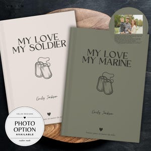 May include: Two hardcover books with the text "MY LOVE MY SOLDIER" and "MY LOVE MY MARINE" in black. Each book features a dog tag graphic and the name "Emily Jackson". A photo option is available.
