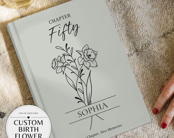 Chapter 50 Birth Flower Journal With Custom Name, Personalized 50th Birthday Gift for Her, Birthday Present for 50 Year Old Women Friend