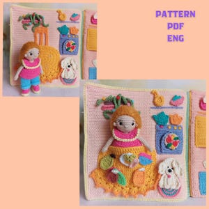 May include: Crocheted doll and kitchen scene on a pink background. The doll has red hair, a pink top, and blue pants. The kitchen scene includes a stove, cabinets, and a dog. Text on the image reads "PATTERN PDF ENG".